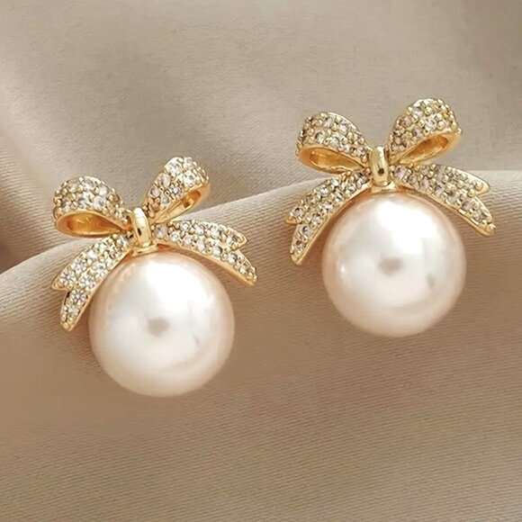 Pearl Earrings Bow Drop Rhinestones Ornament Ball Holiday Classy Glam Trendy - Picture 1 of 3